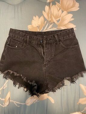 Black Frayed Hem Women's Denim Shorts with flame booty